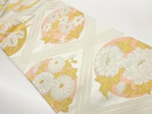 丸文に菊・牡丹・鉄線・花模様織出し袋帯